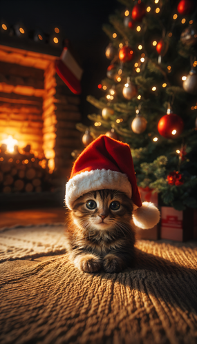 圣诞节室内壁炉圣诞树可爱小猫图片